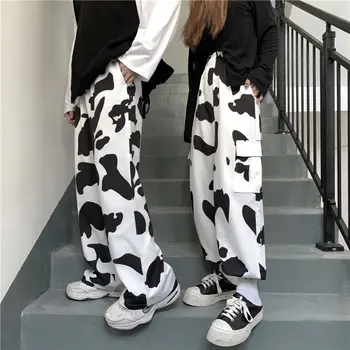 HOUZHOU Rudenį Karvė Spausdinti Kelnės Moterims Vintage Mados Harajuku Palazzo Kelnės Prarasti Pločio Kojų Kelnės Tiesios Kelnės Moterims Unisex
