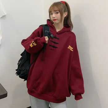 2020 M. Rudenį Kinijos Vintage Stiliaus Hoodies Moterų Cheongsam Mazgas Gobtuvu Palaidinukė Laiškas Spausdinti Negabaritinių Megztiniai Megztinis