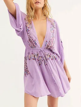TEELYNN violetinė Gėlių Siuvinėjimas boho trumpos suknelės moterims padengti iki paplūdimio skraiste vasaros 2020 m. derliaus seksualus giliai V-kaklo, mini vestidos