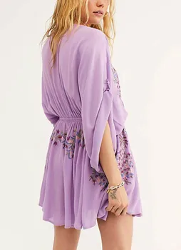 TEELYNN violetinė Gėlių Siuvinėjimas boho trumpos suknelės moterims padengti iki paplūdimio skraiste vasaros 2020 m. derliaus seksualus giliai V-kaklo, mini vestidos