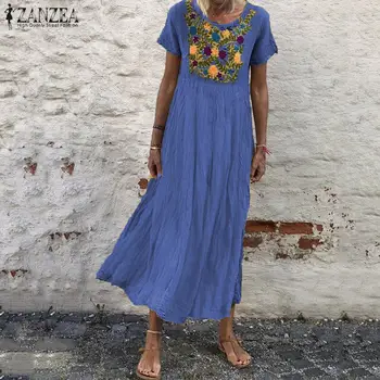 ZANZEA Siuvinėjimo Bohemijos Moterų Suknelė Atsitiktinis Palaidų O Kaklo Midi Vestidos Trumpas Rankovės Ponios Vasaros Sundress Paplūdimio Skraiste Femme