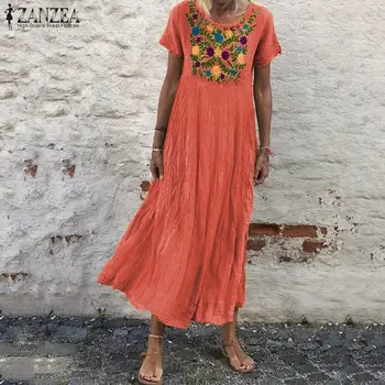 ZANZEA Siuvinėjimo Bohemijos Moterų Suknelė Atsitiktinis Palaidų O Kaklo Midi Vestidos Trumpas Rankovės Ponios Vasaros Sundress Paplūdimio Skraiste Femme