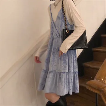 Kawaii Aksomo Suspender Suknelė Moterims Rudenį Japoniško stiliaus Kieta V-kaklo, Rankovių Skraiste Kelio ilgis Vestidos 5E1021