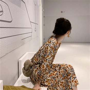 2020 M. Pavasario Dizainas Gražus Suknelės Gėlių Spausdinti Long Sleeve V-Kaklo Geltonas Temperamentas Lady Vintage Suknelė Korėja Stiliaus 12520