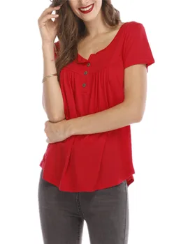 Atsitiktinis vientisos spalvos moteriški marškinėliai T-shirt plisuotos mygtuką prarasti apvalios kaklo trumpomis rankovėmis T-shirt viršų