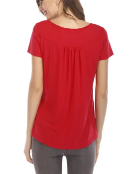 Atsitiktinis vientisos spalvos moteriški marškinėliai T-shirt plisuotos mygtuką prarasti apvalios kaklo trumpomis rankovėmis T-shirt viršų