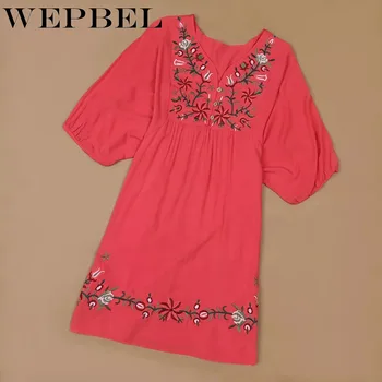 WEPBEL Vienas Dydis Viršuje Vintage 70 Etninės Gėlių APLIKACIJA Hipių BOHO Meksikos Sluoksniuotos Slv Palaidinė-Suknelė