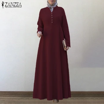 Plius Dydis Moterų Rudenį Musulmonų Suknelės Sundress ZANZEA Derliaus Plisuotos Maxi Suknelė ilgomis Rankovėmis Vestidos Moterų Kietas Islamo Skraiste