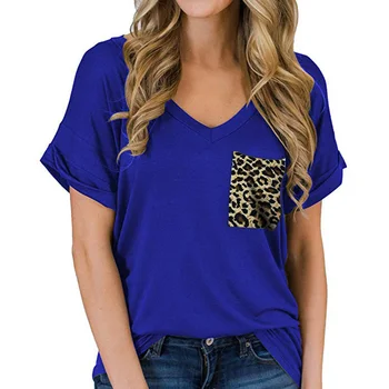 Moterų vientisos Spalvos V-Kaklo trumpomis Rankovėmis Susiuvimo Leopard Kišenę Laisvus T-shirt Moterims, Leopardas Kišenėje Atsitiktinis marškinėliai футболка женск