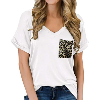 Moterų vientisos Spalvos V-Kaklo trumpomis Rankovėmis Susiuvimo Leopard Kišenę Laisvus T-shirt Moterims, Leopardas Kišenėje Atsitiktinis marškinėliai футболка женск