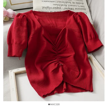 Pearl Dienoraštis Moterims Megztiniai Pasėlių Viršuje V-Kaklo Džemperis Trumpas Viršuje Korėjos Stiliaus Vasaros Trumpomis Rankovėmis Viršuje Priekyje Shirring Elegantiškas Marškinėliai Moterims