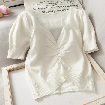 Pearl Dienoraštis Moterims Megztiniai Pasėlių Viršuje V-Kaklo Džemperis Trumpas Viršuje Korėjos Stiliaus Vasaros Trumpomis Rankovėmis Viršuje Priekyje Shirring Elegantiškas Marškinėliai Moterims