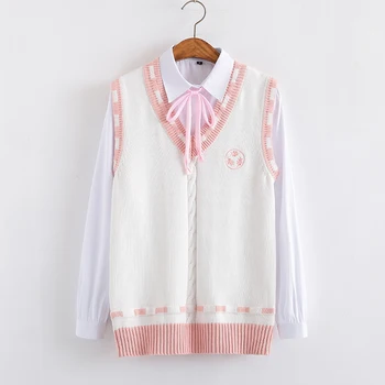 Šviežios minkštos spalvos Siuvinėjimo modelio Megztinis liemenė vidurinės mokyklos Japoniško stiliaus mezgimo megztinis