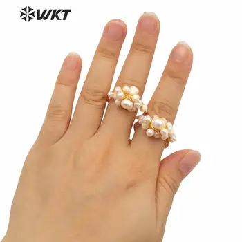 WT-MPR006 Lady baltos spalvos gėlavandenių perlų žiedai su maža aukso pakabukai electroplated viela suvynioti mados boho žiedai, vestuvių