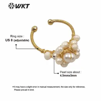 WT-MPR006 Lady baltos spalvos gėlavandenių perlų žiedai su maža aukso pakabukai electroplated viela suvynioti mados boho žiedai, vestuvių