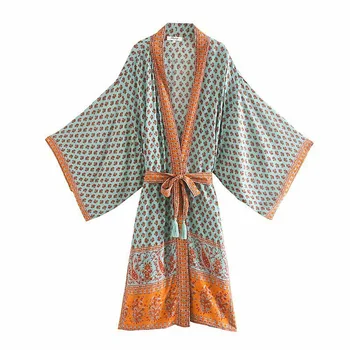 2020 m. Bohemijos Derliaus Gėlių Spausdinti Mėlyna Ilgai Dizaino Kimono palaidinė batwing Rankovėmis Megztinis moterų marškiniai Maxi Paplūdimio blusas Hoiday
