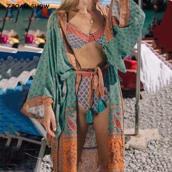 2020 m. Bohemijos Derliaus Gėlių Spausdinti Mėlyna Ilgai Dizaino Kimono palaidinė batwing Rankovėmis Megztinis moterų marškiniai Maxi Paplūdimio blusas Hoiday