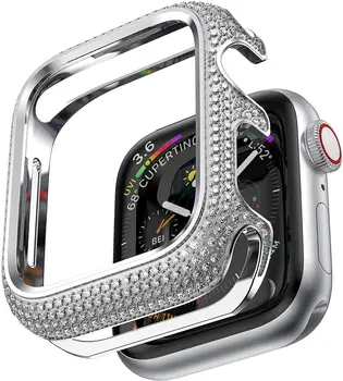 Diamond Dangtelis Apple laikrodžių atveju, 44mm 40mm 42mm 38mm Priedai Prabanga Bling Lydinio bamperis Raštas iWatch serijos 3 4 5 6 se