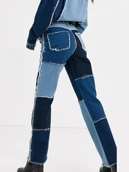 Rudenį Kelių Spalvų Kratinys Džinsai Moteris Aukštos Juosmens Atsitiktinis Liesas Slim Straight Džinsinio Audinio Kelnės Streetwear Moterų Kišeniniai Kelnės