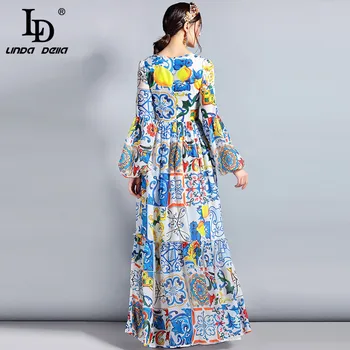 LD LINDA DELLA Mados Dizaineris Maxi Suknelė 5XL Plius dydis Moterų ilgomis Rankovėmis Boho Spalvinga Gėlių Spausdinti Atsitiktinis Ilga Suknelė