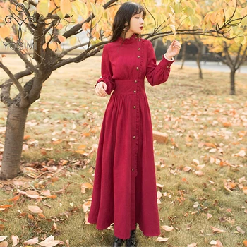 YOSIMI 2020 m. Rudenį Maxi Elegantiškas Raudonasis Velvetas Derliaus Ilgai Moterų Suknelė Visiškai Kulkšnies Rankovių Ilgis Žalia Vakare Šalies Moterų Suknelė