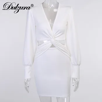 Dulzura Kryžiaus Tuščiaviduriai Iš Moterų Mini Suknelė Sluoksniuotos Long Sleeve V-Kaklo Bodycon Seksualus Streetwear Šalies Elegantiškas 2020 M. Rudens Žiemos Klubas