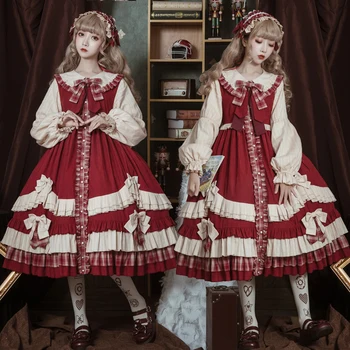 Minkštas Mergina Gotikos Kawaii Suknelė Moterims Cute Lolita Derliaus Ilgomis Rankovėmis Raudona Suknelės Pynimas Mielas Princesė Cosplay Kalėdų Drabužius