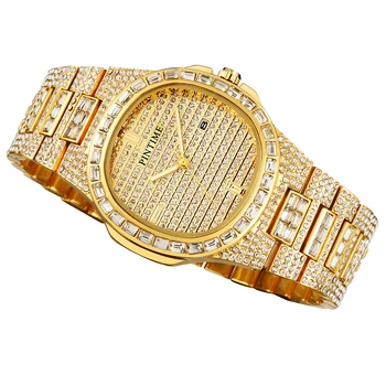 Aukso Lediniame Iš Watch Vyrų Diamond Prabangos Prekės Kvarco Vyrai, Žiūrėti Kalendorių Vyrų Laikrodis Hip-Hop Relogio Masculino Reloj Hombre