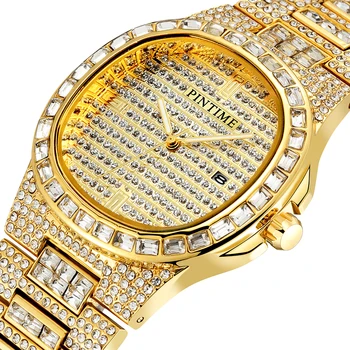 Aukso Lediniame Iš Watch Vyrų Diamond Prabangos Prekės Kvarco Vyrai, Žiūrėti Kalendorių Vyrų Laikrodis Hip-Hop Relogio Masculino Reloj Hombre