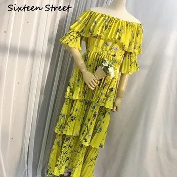 Velniop apykaklės geltona plisuotos suknelė moteris 2020 Naujas vasaros paplūdimio pynimas gėlių spausdinti maxi suknelė moterų kilimo ir tūpimo tako projektavimo savarankiškai vestido