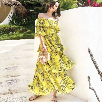 Velniop apykaklės geltona plisuotos suknelė moteris 2020 Naujas vasaros paplūdimio pynimas gėlių spausdinti maxi suknelė moterų kilimo ir tūpimo tako projektavimo savarankiškai vestido