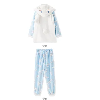 Japonijos Cinnamoroll Minkšta Pižama Mergina Pliušinis Anime 1set Cosplay Dviejų dalių Pajama Nustatyti Moterų Sleepwear Hoodie Kelnes Nustatyti, naktiniai drabužiai