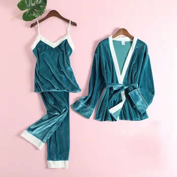 Blue velvet žiemos Moterų pižama rinkiniai 3 1. rudens 2020 kelnaitės moterų namų Bako viršuje diržas loungewear naktį chalatai žalia FG175