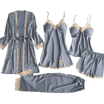 5VNT Pižamos Nustatyti Moterų Satino Nėriniais, naktiniai drabužiai, Tamsiai Mėlynos V-Kaklo Pižama Tiktų Pavasarį Sleepwear Šilkiniai Miego Dėvėti Namuose moteriškas chalatas