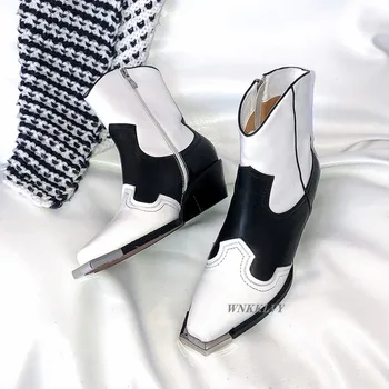 Metalo aikštėje toe batai moterims juoda balta maišyti spalvas stambusis kulno vidurio tako batai moteriška vakarų kaubojus trumpi batai 2020 m.
