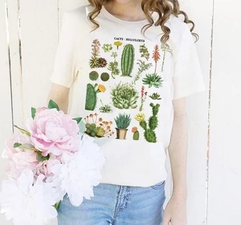 HAHAYULE 1pcs Sultingi Kaktusai Marškinėliai Moterims Japonijos Harajuku Stiliaus Juoda Balta Grafinis Tee Marškinėliai Moterims Medvilnės Augalų T-shirt