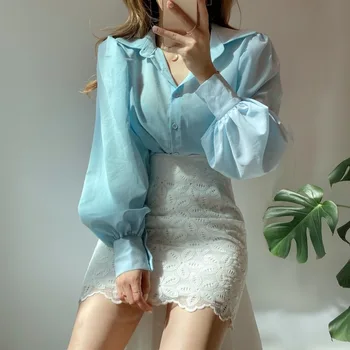 Korėjos Prarasti Elegantiškos Moterys Palaidinė Paprastas Universalus Atvartas Ilgomis Rankovėmis Marškinėliai Elegantiškas Moteris, Marškinėliai, Topai Rožinė Viršūnes Blusas Mujer 12492