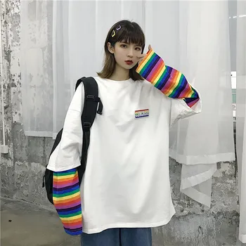 2020 naujas džemperis moterims rudenį plonas laisvi, laisvi vaivorykštės juostos susiuvimo netikrą dviejų dalių ilgomis rankovėmis t-shirt top moterims