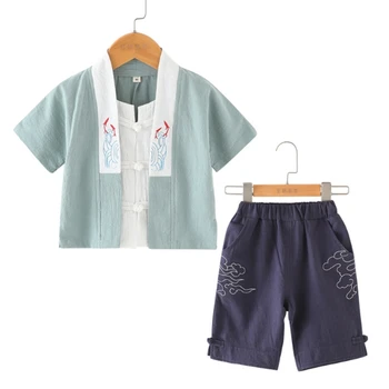 2020 metų Vasaros Berniukų marškinėliai Šortai Mergaičių Kinų Stiliaus Spausdinti Viršūnes Vaikų Drabužių Komplektas Retro Tango Kostiumas 2-10T Vaikai