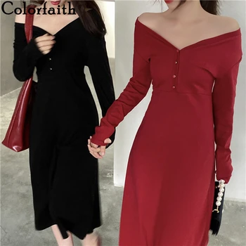 Colorfaith Naujas 2021 Moterų Pavasario Rudens Suknelės Off Peties Mados korėjos Stiliaus Elegantiška Vintage Raudona Ilga Suknelė DR30111