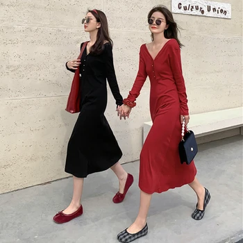 Colorfaith Naujas 2021 Moterų Pavasario Rudens Suknelės Off Peties Mados korėjos Stiliaus Elegantiška Vintage Raudona Ilga Suknelė DR30111