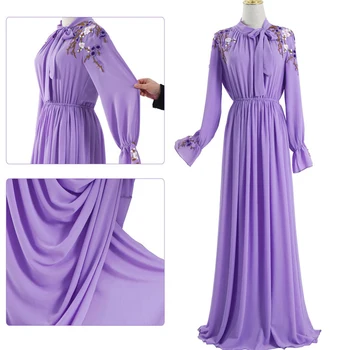 Siskakia Levandų Siuvinėjimo Sūpynės Ilga Suknelė Dubajus Artimųjų Rytų Musulmonų Moterų Elegantiškas Suknelės, Raudonos Lankas kaklo, ilgomis Rankovėmis Imperija