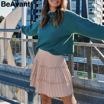 BeAvant Plisuotos megzti žiemos sijonai moterų linija, pynimas aukšto juosmens mini sijonas moterų 2019 m. Rudenį rausvos spalvos, trumpi sijonai ponios