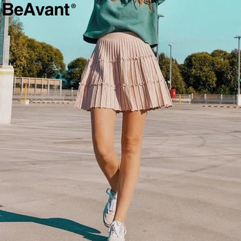 BeAvant Plisuotos megzti žiemos sijonai moterų linija, pynimas aukšto juosmens mini sijonas moterų 2019 m. Rudenį rausvos spalvos, trumpi sijonai ponios