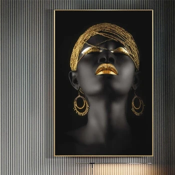 Juodosios Afrikos Moteris Tapybos ant Drobės Aukso Makiažas Portretas, Plakatų ir grafikos Skandinavijos Sienos Nuotraukas Namų Puošybai