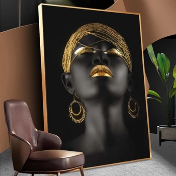 Juodosios Afrikos Moteris Tapybos ant Drobės Aukso Makiažas Portretas, Plakatų ir grafikos Skandinavijos Sienos Nuotraukas Namų Puošybai