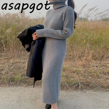Elegantiškos Korėjos Paprasta Retro Atsitiktinis Rudens Žiemos Golfo Megzti Suknelė Moterims Linijos Ilgi Laisvi Kietas Puloveriai Megztinis Suknelė