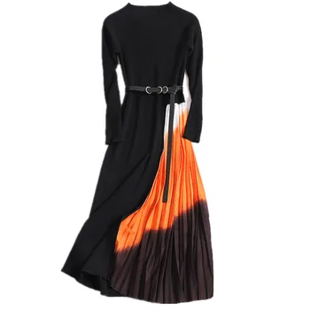 Elegantiškas Plisuotos Plonas Juosmens Varčias Suknelės Moterims Gradiento Spalvos Siūlėmis Megztinius ilgomis Rankovėmis Vintage Suknelė Žiemą