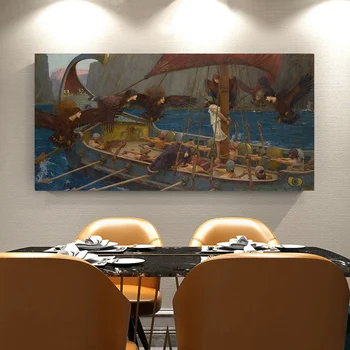 Citon Drobė, Aliejus, tapyba William Waterhouse《Odisėjas ir Sirenas》Kūrinys Plakato Nuotrauką Šiuolaikinės Sienų Dekoras Namų Puošybai