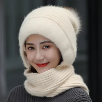 Žiemos Moteris Skullies Skrybėlės sujungti su Skara triušio plaukų megzti skrybėlę šiltas lauko dviračių žiemos bžūp beanies moterims